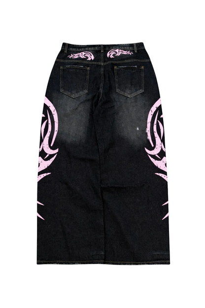 Retro Printed Baggy Denim Jeans