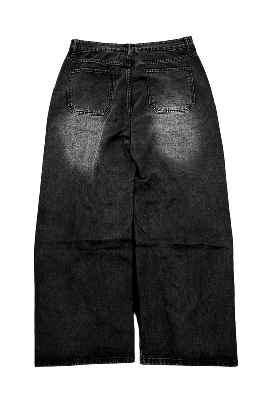 Black Wide Leg Jeans Text Print Streetwear Pants