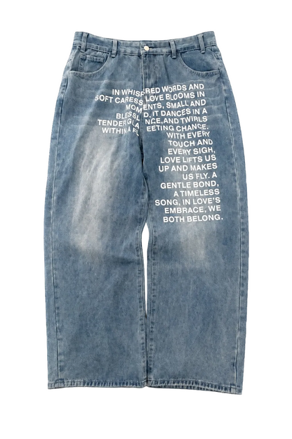 Black Wide Leg Jeans Text Print Streetwear Pants
