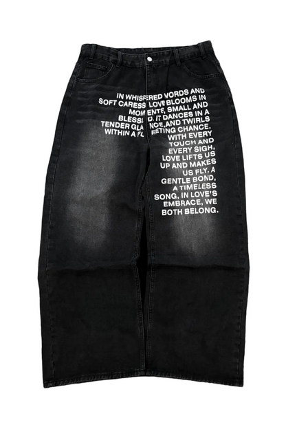 Black Wide Leg Jeans Text Print Streetwear Pants