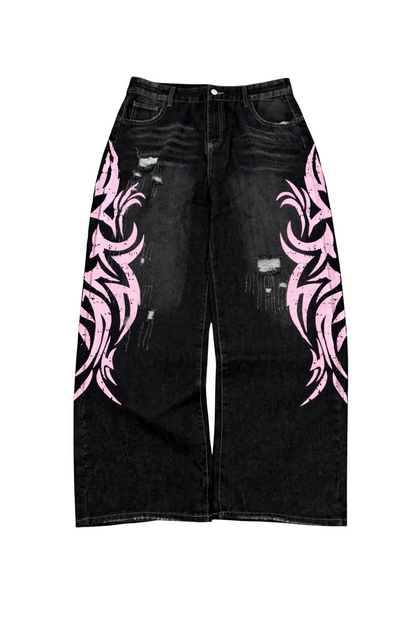 Retro Printed Baggy Denim Jeans
