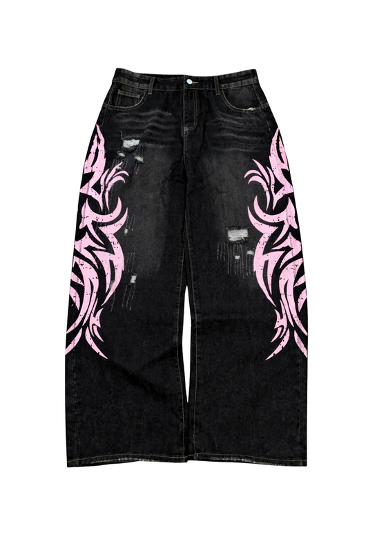 Retro Printed Baggy Denim Jeans