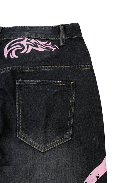 Retro Printed Baggy Denim Jeans
