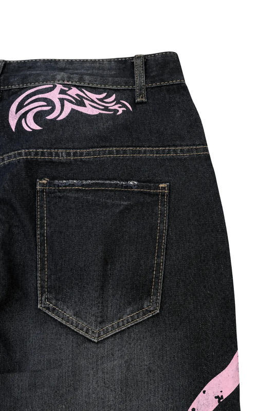 Retro Printed Baggy Denim Jeans